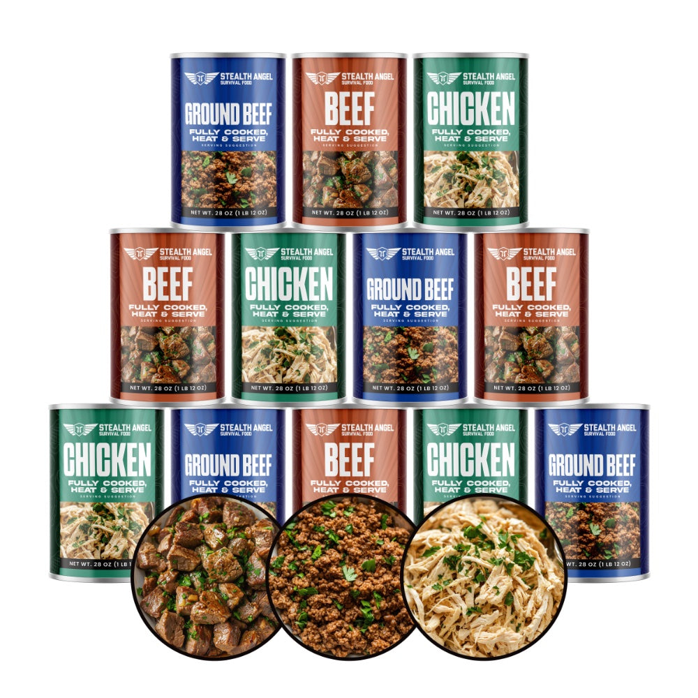 Emergency Survival Food Mixed Case - Canned Beef, Chicken, Ground Beef  - Up To 25 Year Shelf Life - Stealth Angel Survival