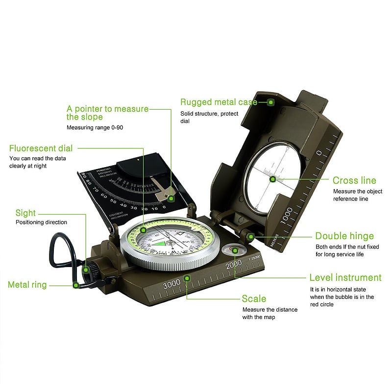 MLC2 Professional Military Lensatic Sighting Metal Compass with Inclinometer and Carrying Pouch Stealth Angel Survival